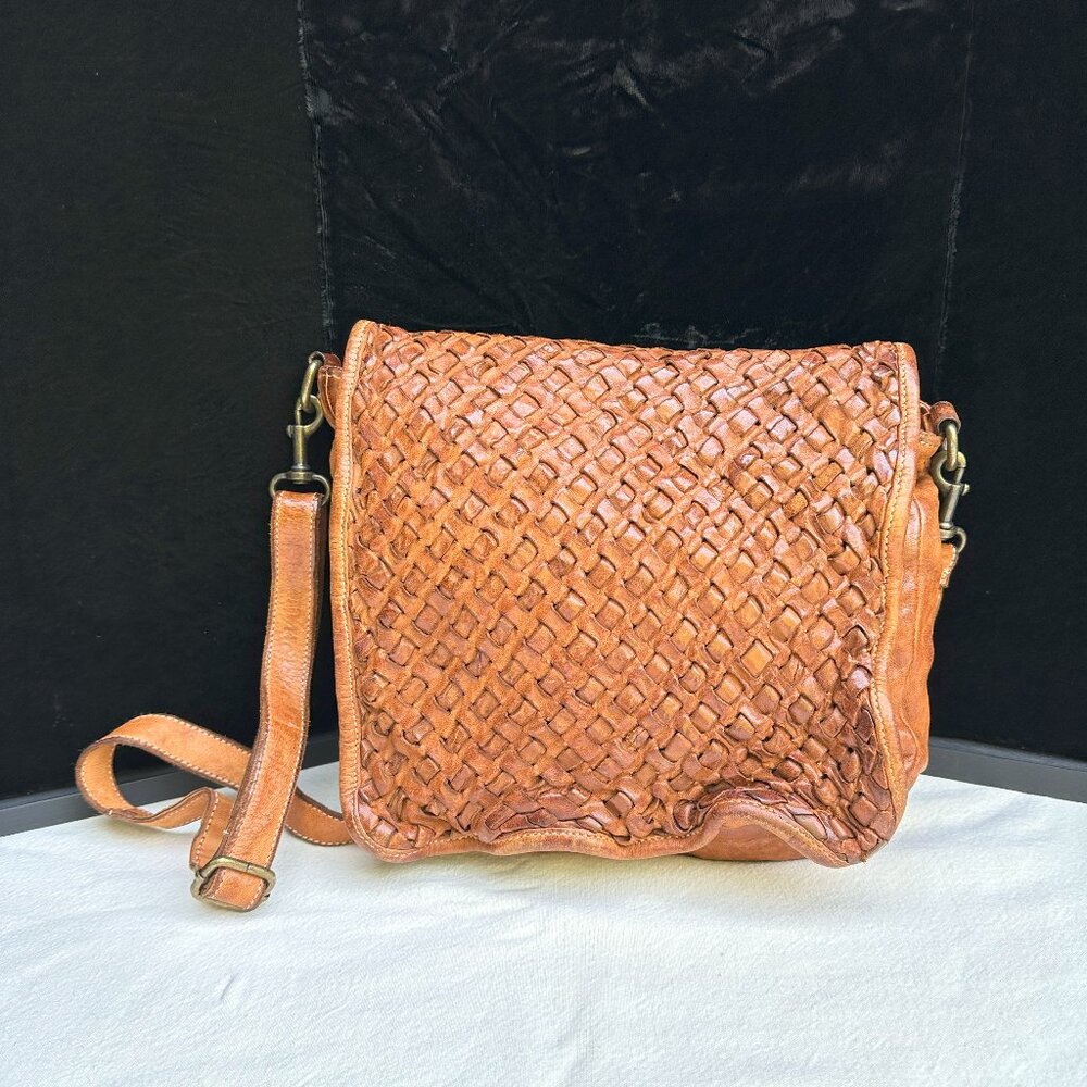 Garnet Hill Woven Brown Leather Crossbody Bag